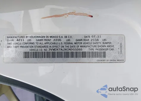 2012 Volkswagen Jetta 2.5L Se from USA, damaged, VIN 3VWDX7AJXCM303265